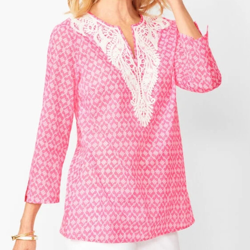 Talbots pink & white Lace-Bib Tunic Top - Diamond Geo pattern, size SP EUC